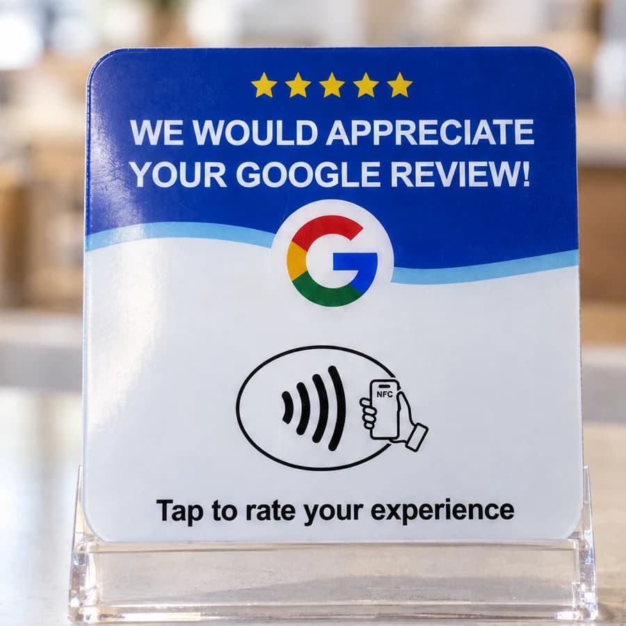 A Google review card standing on a café counter, printed "Tap to rate your experience".