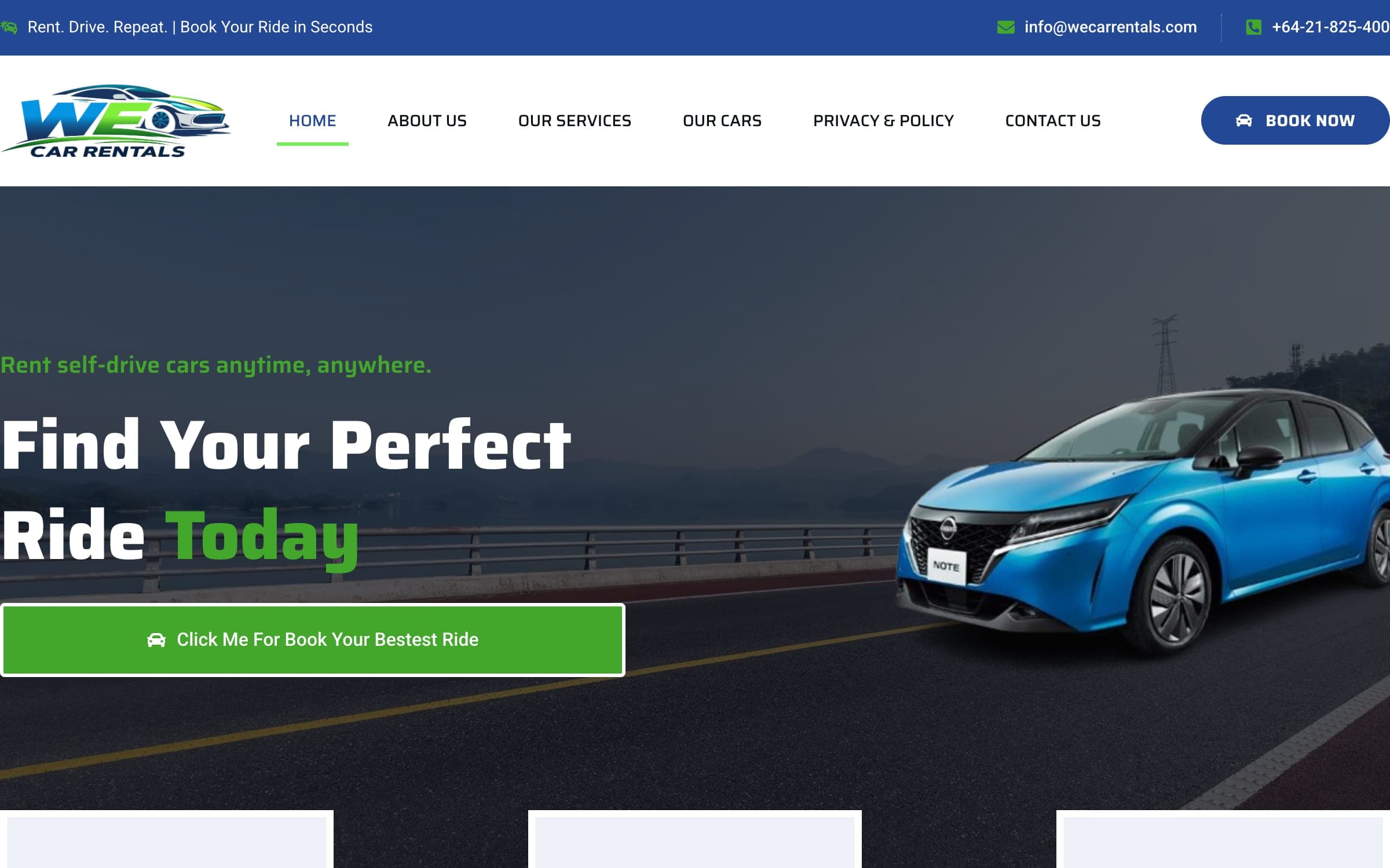 Their old site: "Find Your Perfect Ride Today" over a car on a bridge at dusk, above a green button reading "Click Me For Book Your Bestest Ride".